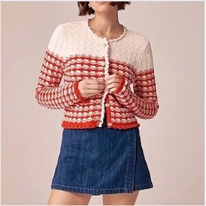 J. Crew Textured Crochet Lady Jacket Cardigan, Red Cream, Size Large